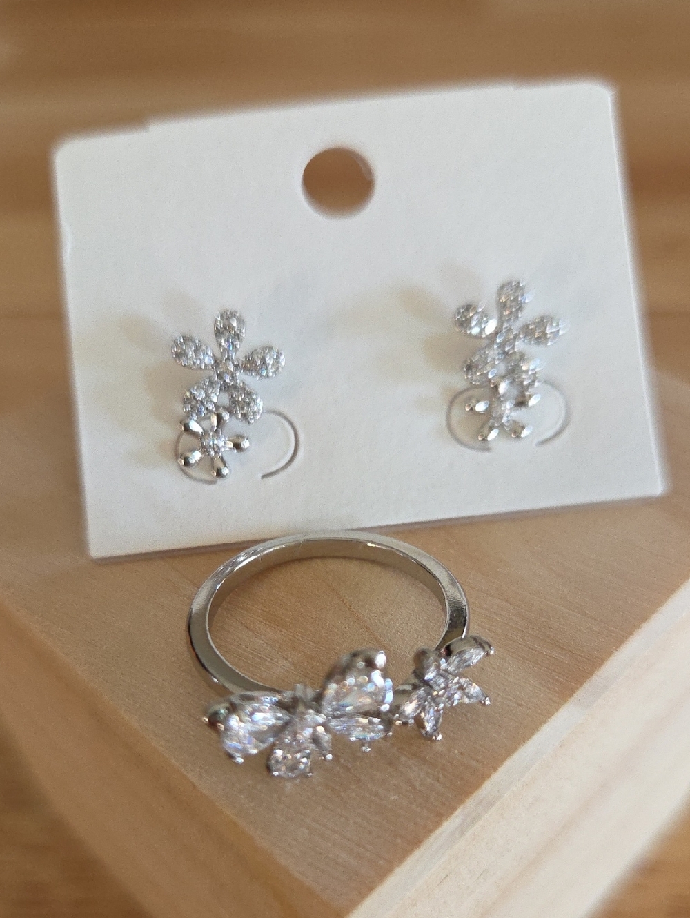 Silver Floral Crystal Ring and Earring Set - Sparkling Silver Jewelry